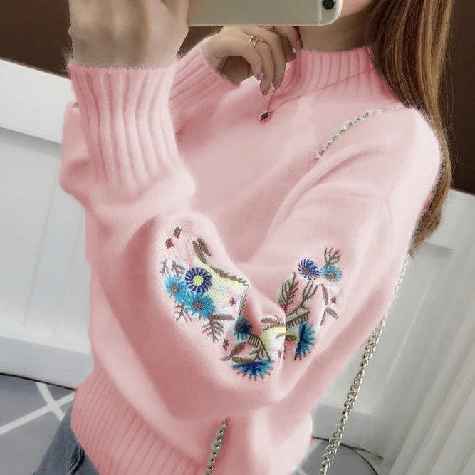 Candace | Thick Cashmere Knit Sweater with Floral Embroidery
