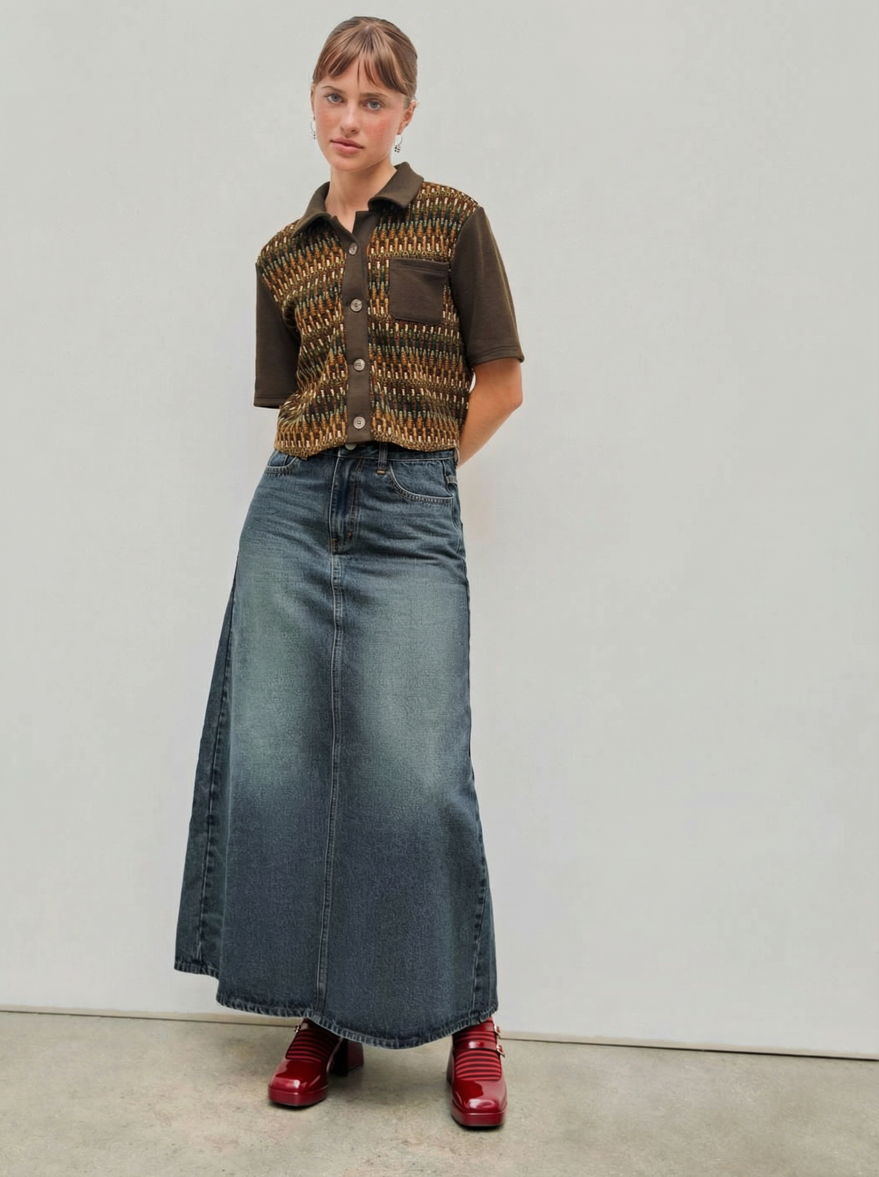 Denim Mid Waist Solid Pocket Maxi Skirt
