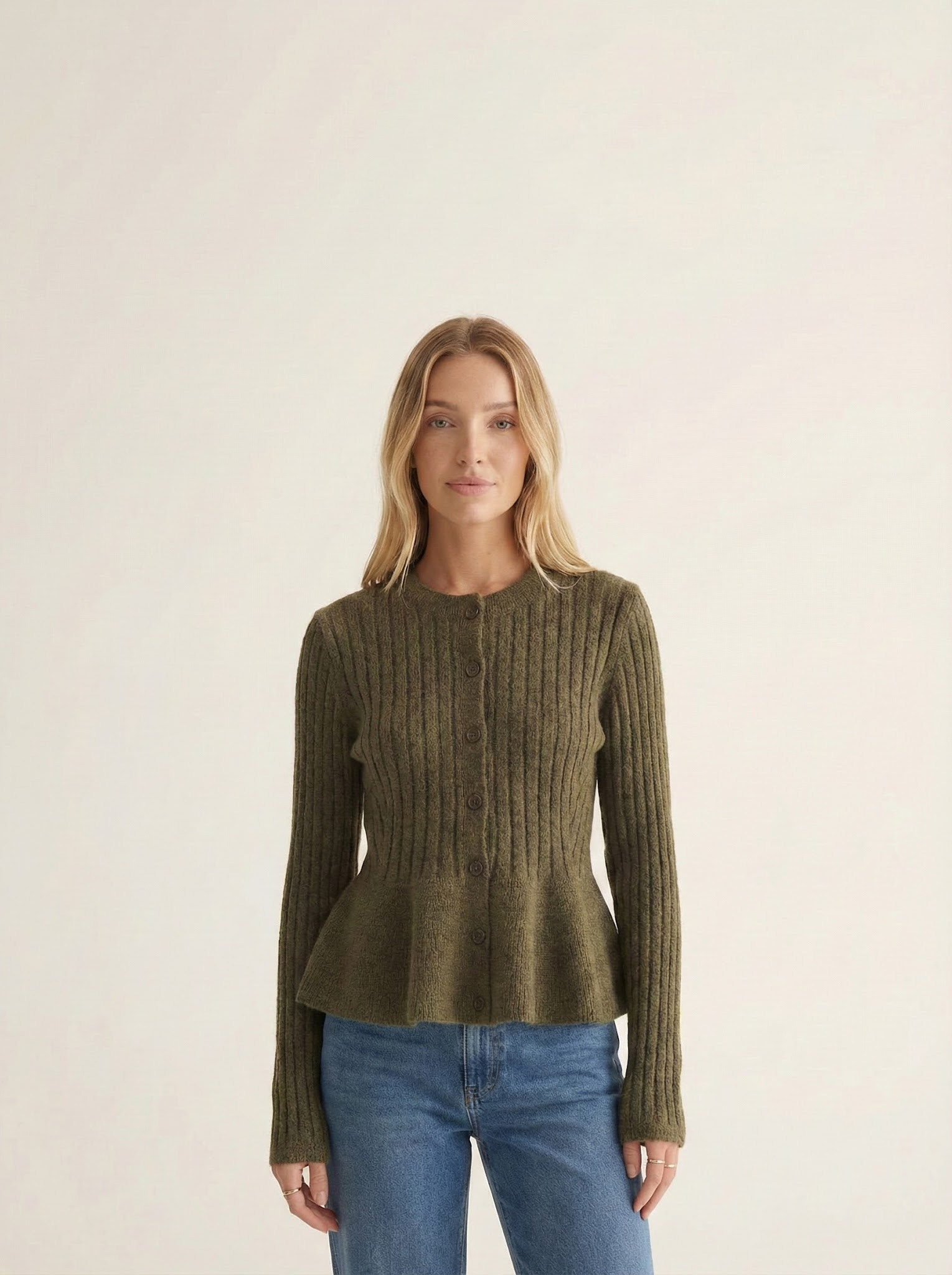 Olive Ribbed Peplum Cardigan