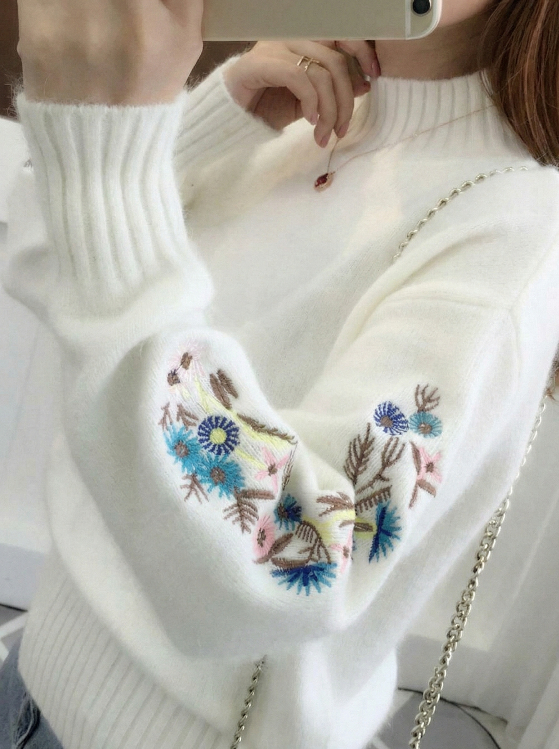 Candace | Thick Cashmere Knit Sweater with Floral Embroidery