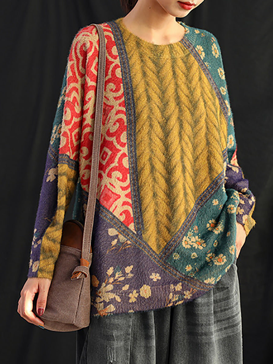 Women Retro Floral Spliced Soft Sweater