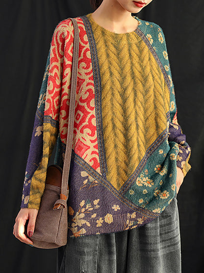 Women Retro Floral Spliced Soft Sweater