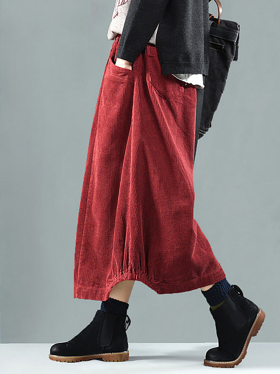 Elastic Waist Calf Length Spring Corduroy Skirt