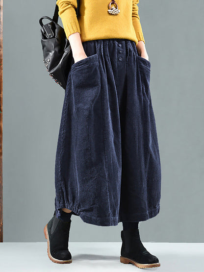 Elastic Waist Calf Length Spring Corduroy Skirt
