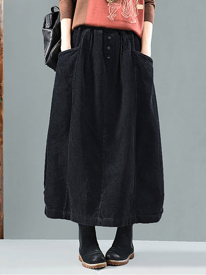 Elastic Waist Calf Length Spring Corduroy Skirt