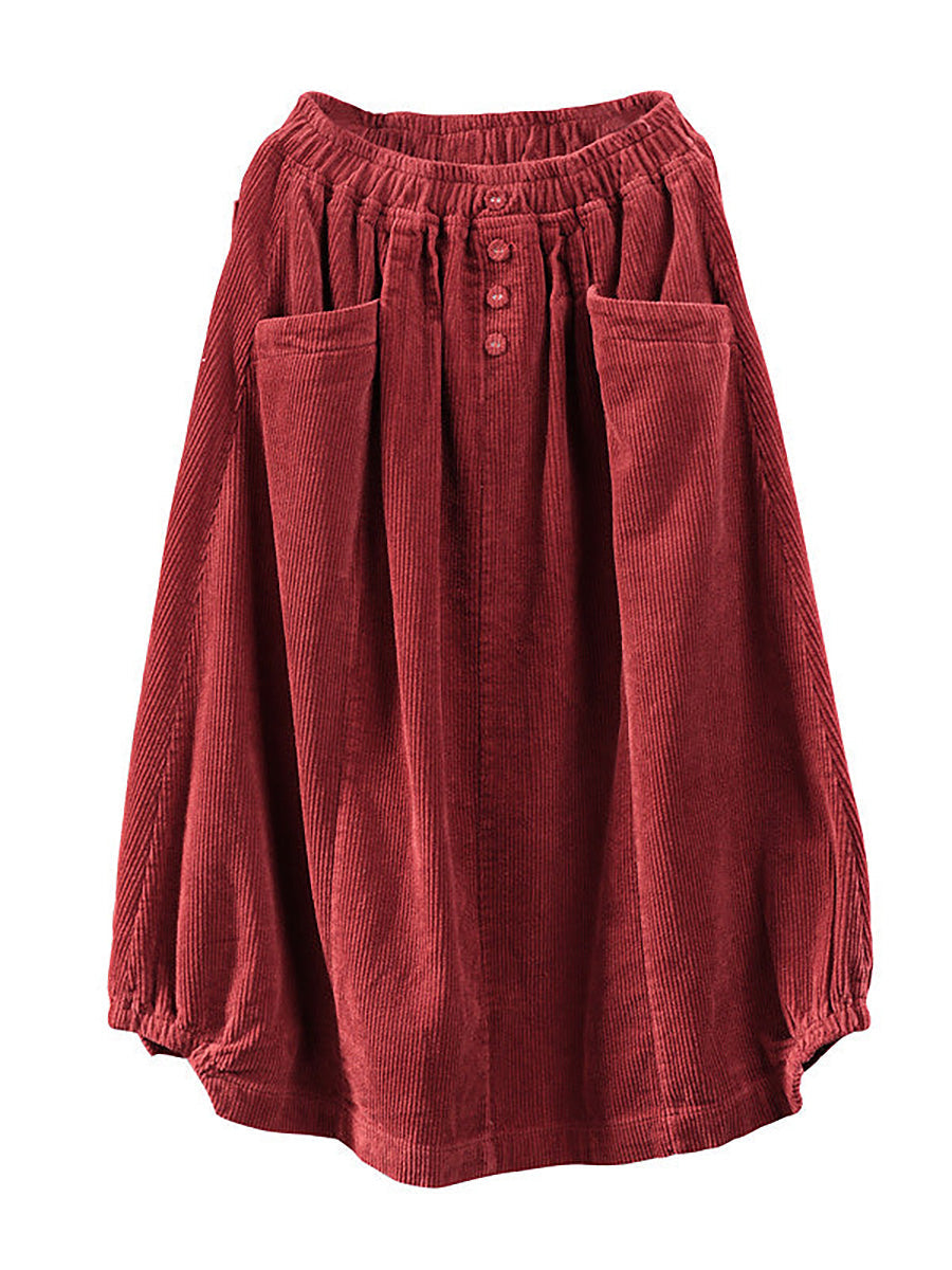Elastic Waist Calf Length Spring Corduroy Skirt