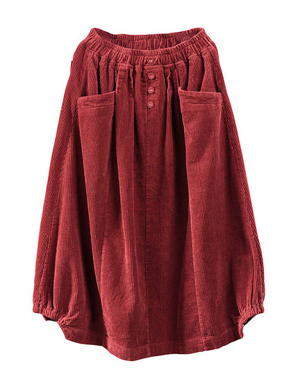 Elastic Waist Calf Length Spring Corduroy Skirt