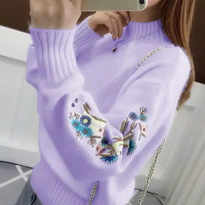 Candace | Thick Cashmere Knit Sweater with Floral Embroidery