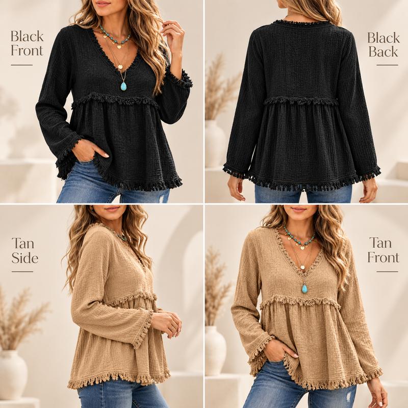 Boho Fringe V-Neck Tunic Blouse