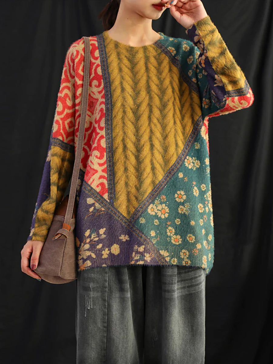 Women Retro Floral Spliced Soft Sweater
