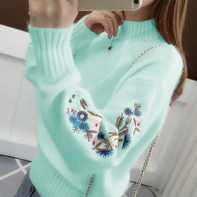 Candace | Thick Cashmere Knit Sweater with Floral Embroidery
