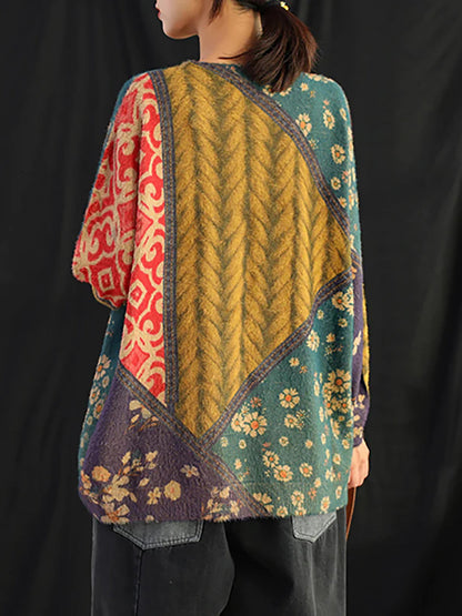 Women Retro Floral Spliced Soft Sweater