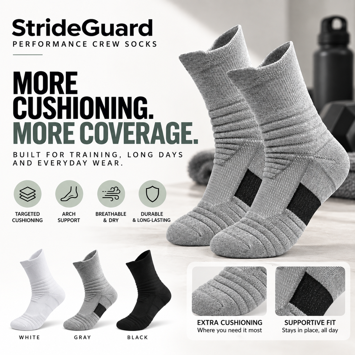 StrideGuard Cushioned Performance Crew Socks