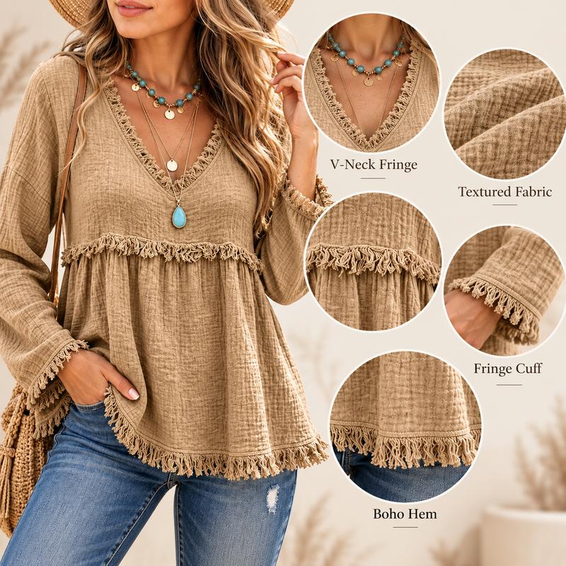 Boho Fringe V-Neck Tunic Blouse