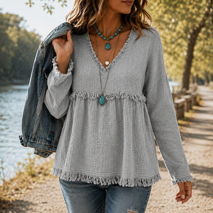 Boho Fringe V-Neck Tunic Blouse