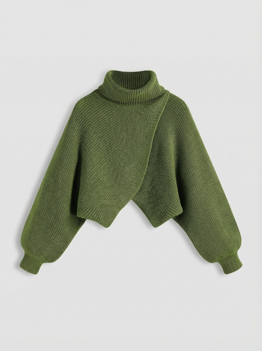 High Neck Solid Knitted Longe Sleeve Crop Sweater