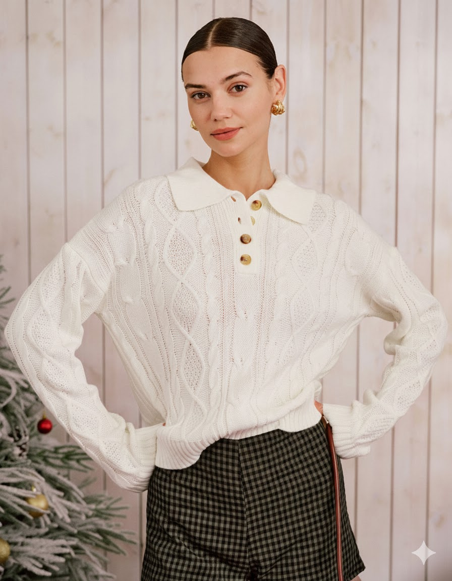 Beige Drop Shoulder Button Sweater