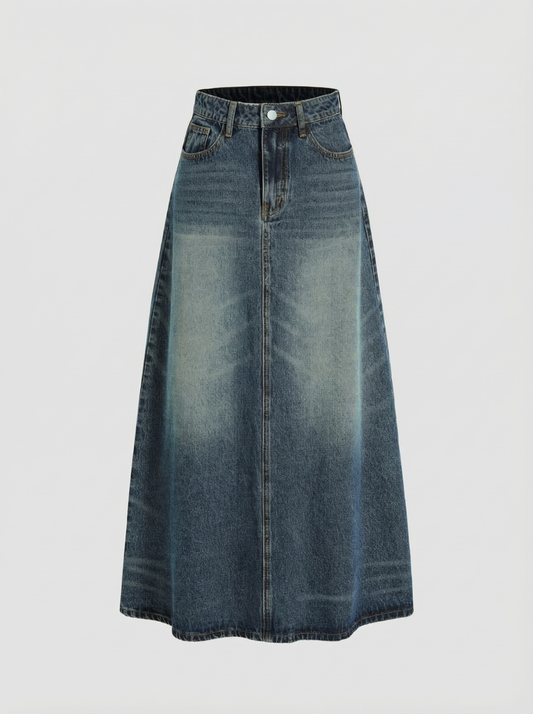 Denim Mid Waist Solid Pocket Maxi Skirt