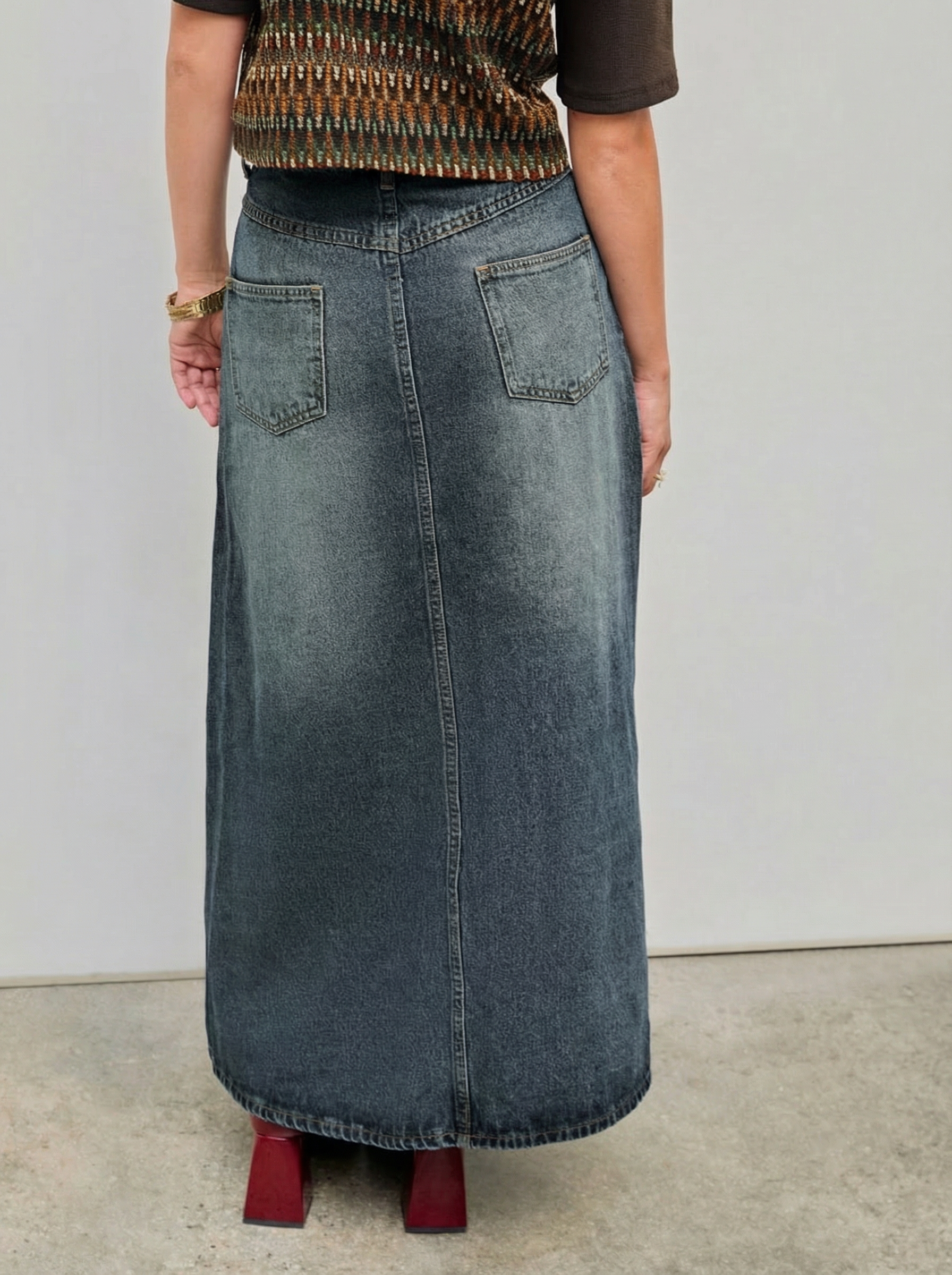 Denim Mid Waist Solid Pocket Maxi Skirt