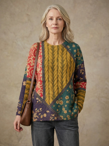 Women Retro Floral Spliced Soft Sweater