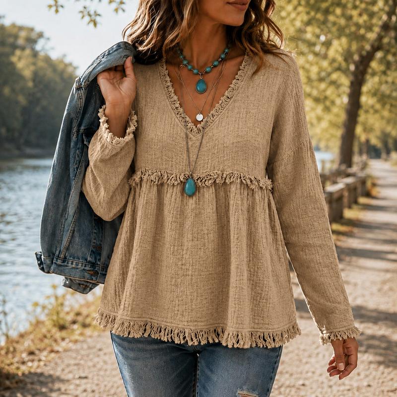 Boho Fringe V-Neck Tunic Blouse