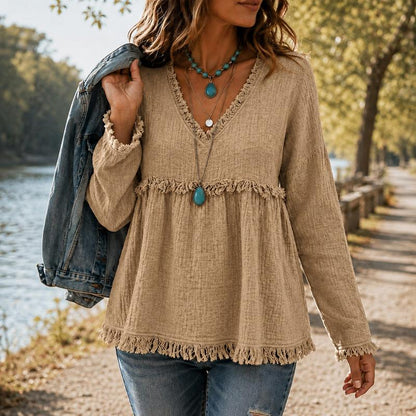 Boho Fringe V-Neck Tunic Blouse